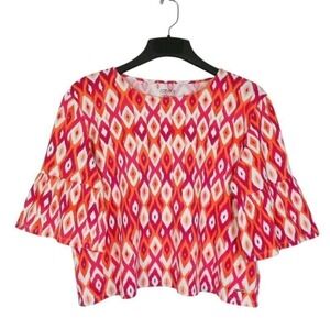 Jones‎ New York Signature Top XL Pink Multi Cropped Short Ruffle Sleeve Ikat